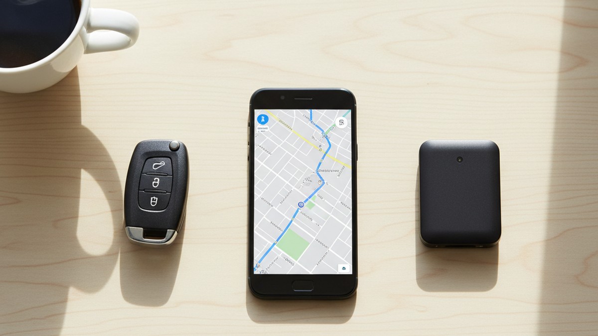 Overhead flat-lay of car key fob, smartphone showing route map, and GPS tracking device on wooden desk