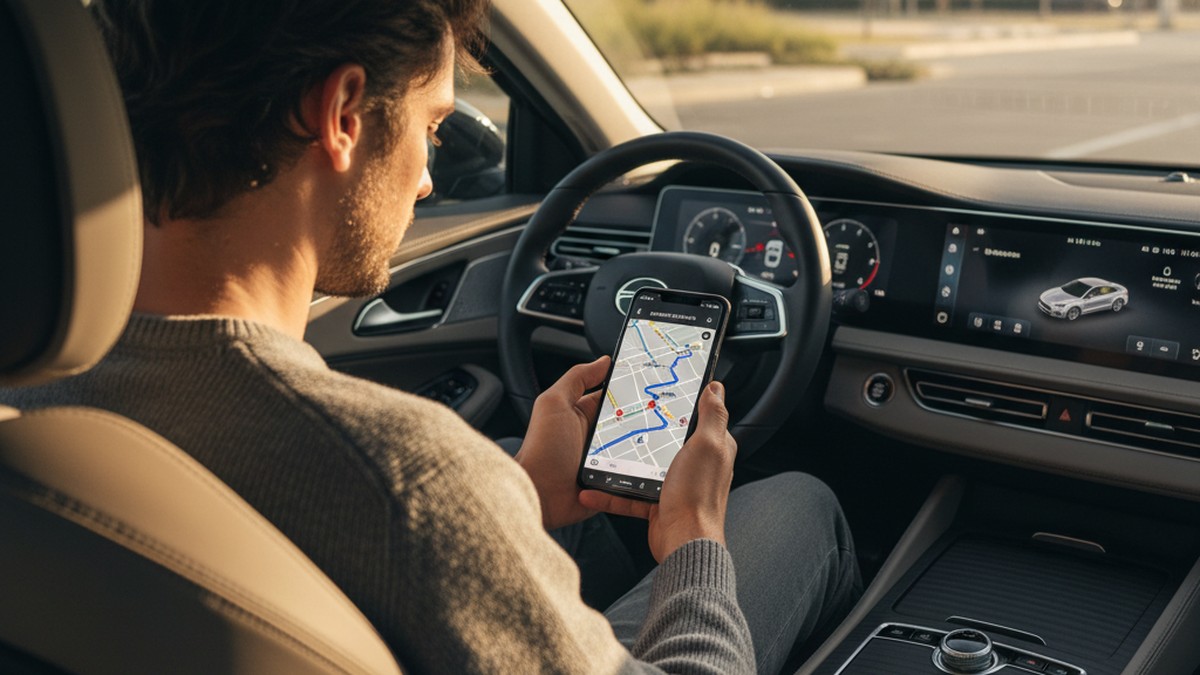 Person in car passenger seat reviewing GPS location history on smartphone