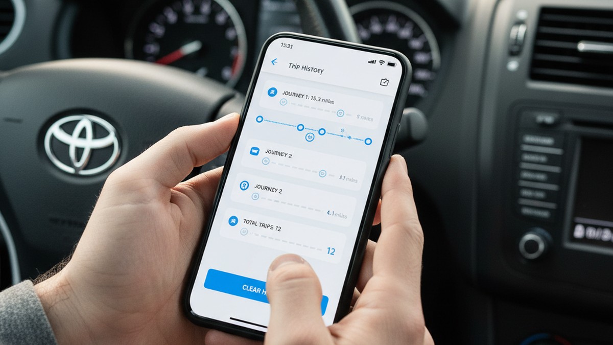 Close-up of hands checking car trip history app on smartphone inside vehicle