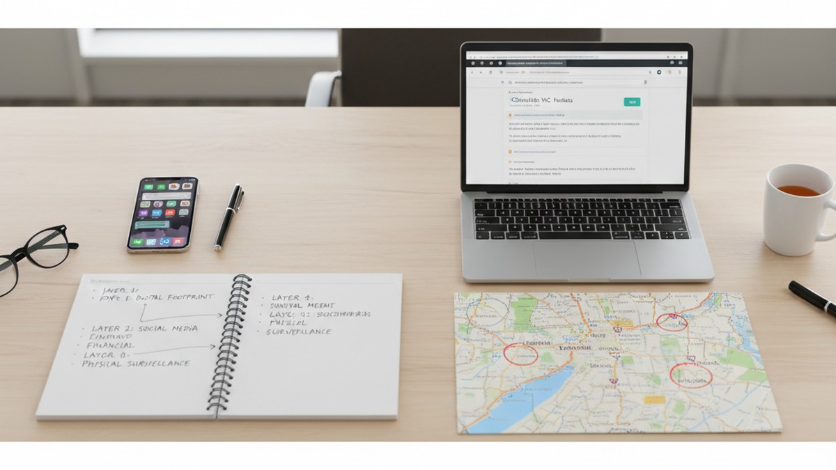 Overhead view of a detective-style investigation desk with smartphone, laptop, notebook and map for catching a cheater in Charlotte NC