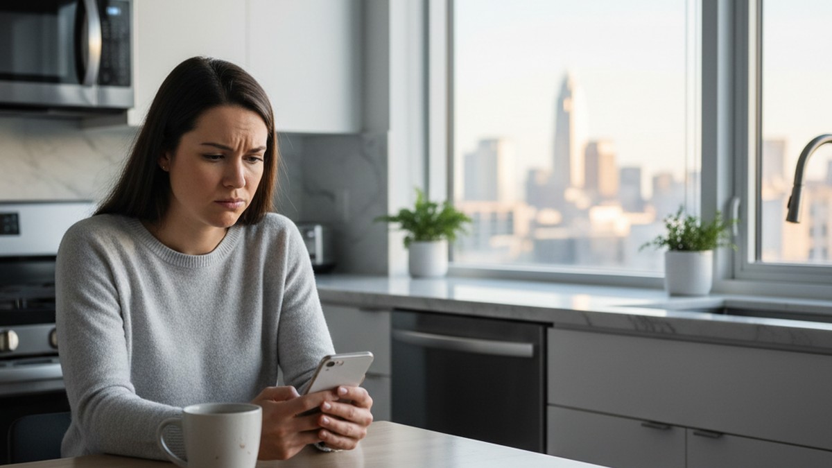 Woman sitting at kitchen table checking phone with a concerned expression, noticing behavioral signs of dating app use