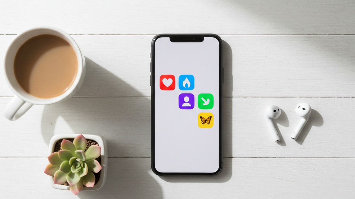 Smartphone flat-lay showing app icons, illustrating dating apps used for hidden activity in Cincinnati