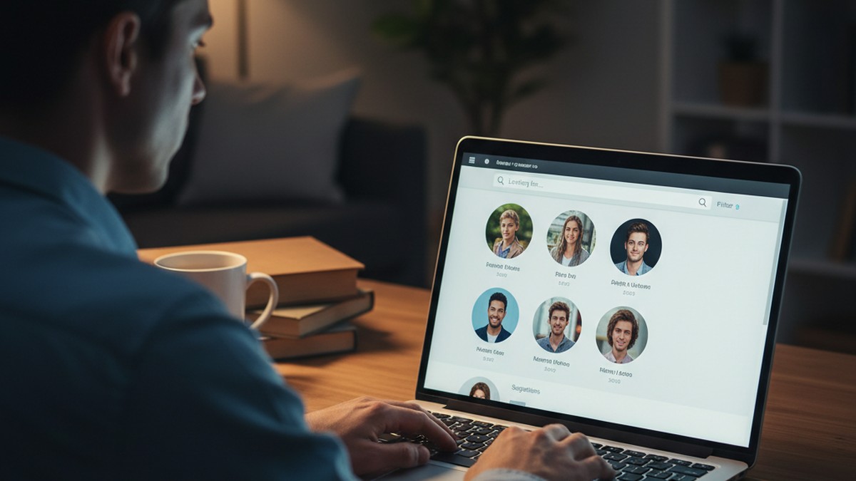 Over-the-shoulder view of person running a dating profile search on a laptop