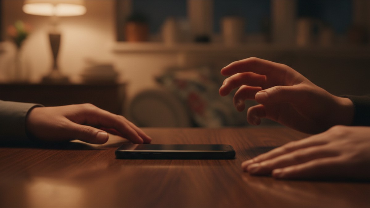 Close-up of hands near a face-down phone on a table, illustrating the decision of whether to check a partner's phone