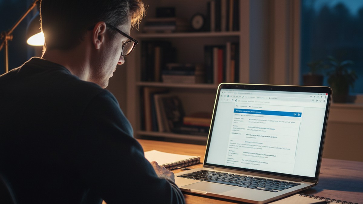 Person focused on laptop search results during a methodical dating app check