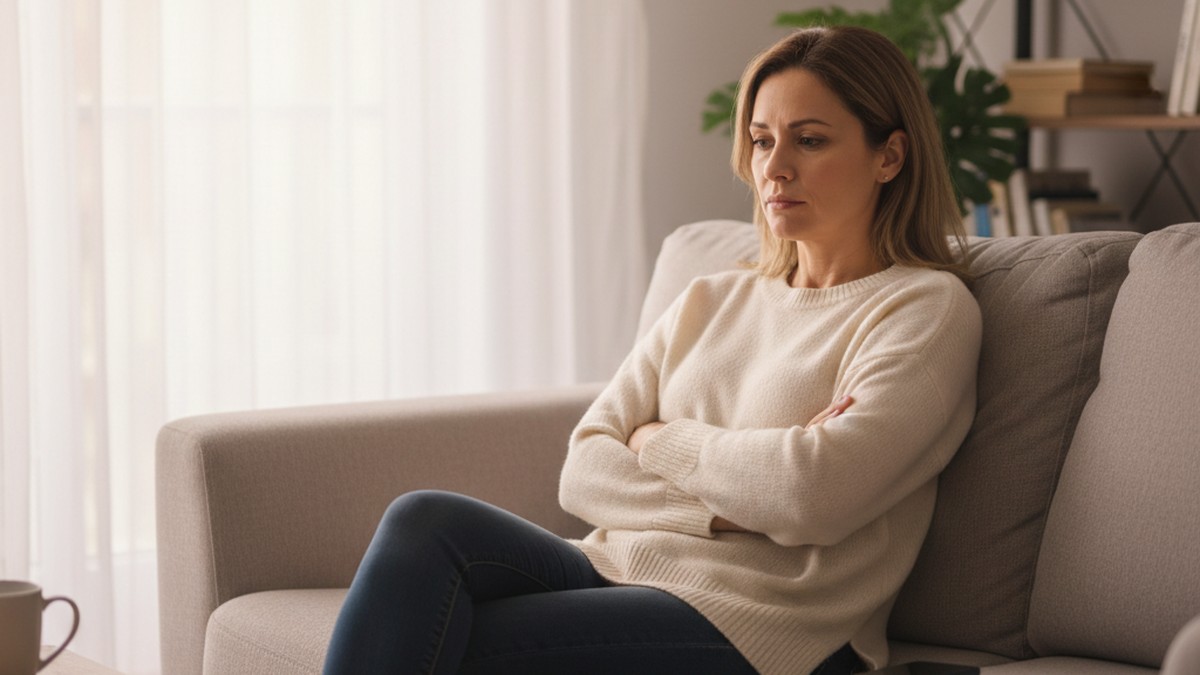 Woman sitting alone on couch with phone face-down, processing difficult relationship news