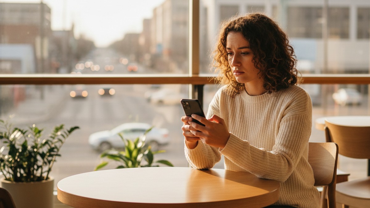 Woman in Oklahoma City cafe looking at phone, representing checking dating apps for hidden activity