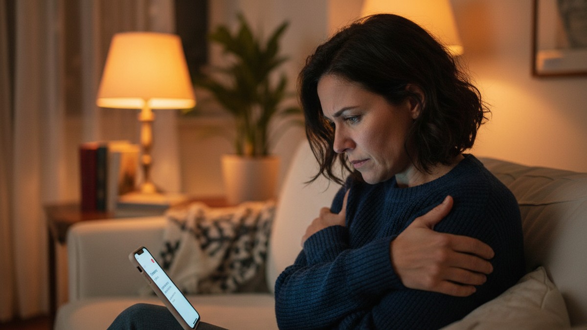 Person reacting to phone notification with concern, behavioral sign of social media cheating