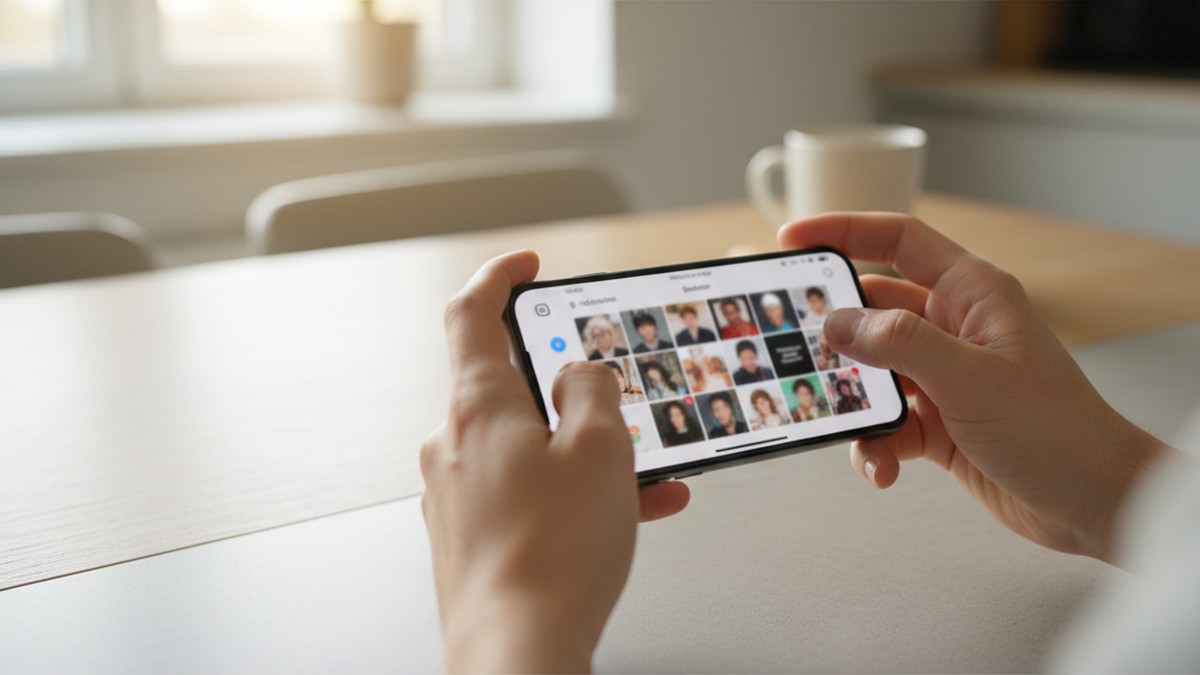 Hands scrolling through Instagram profile photos, checking social media activity for cheating signs