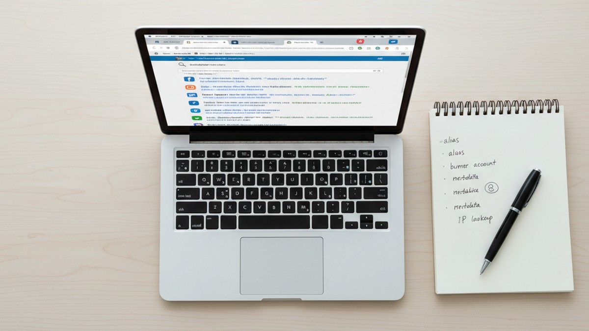 Laptop and notepad on desk showing OSINT search for hidden social media accounts