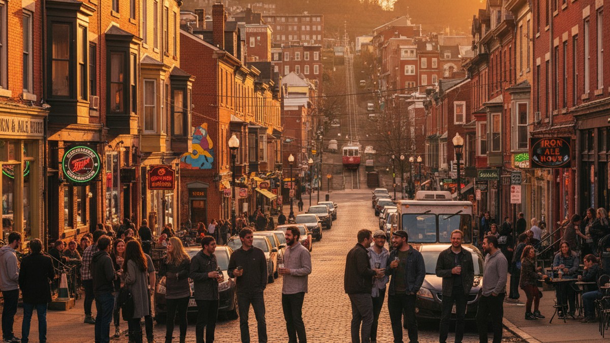Active Pittsburgh neighborhood street scene showing areas with high dating app activity