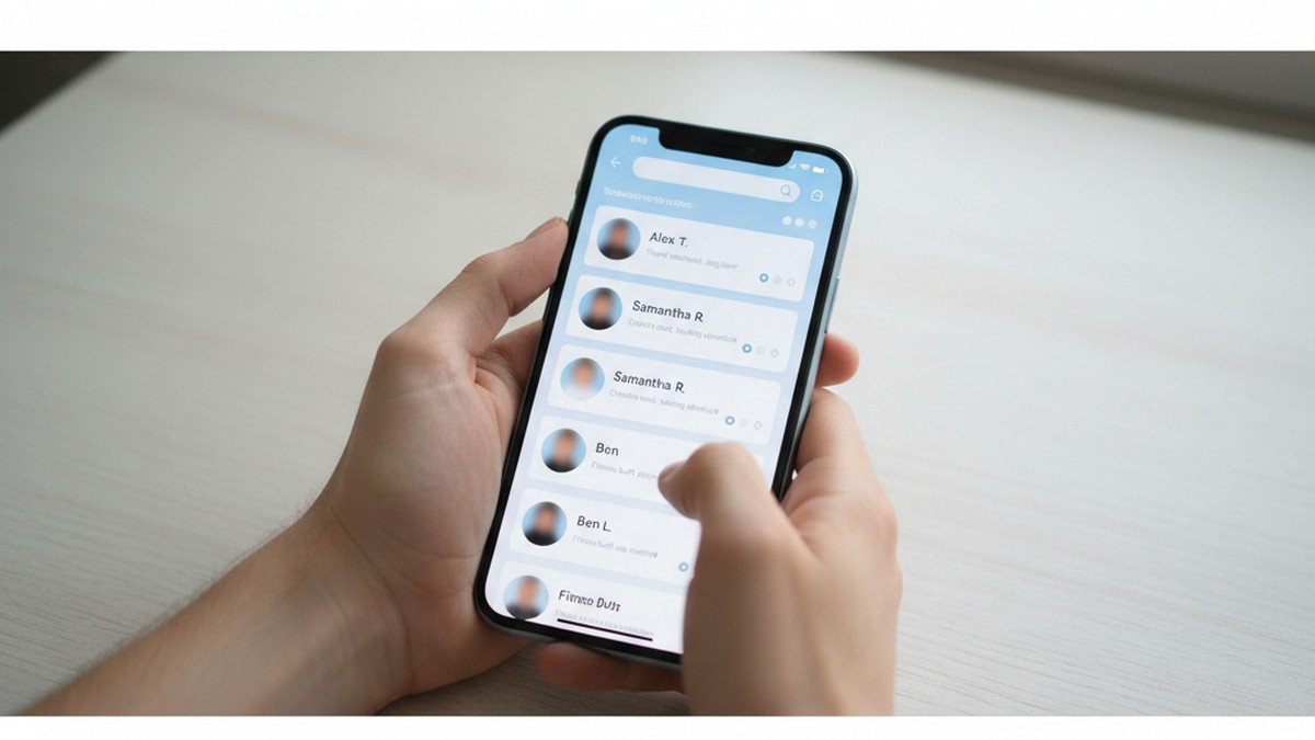 Hands examining dating profile search results on smartphone screen