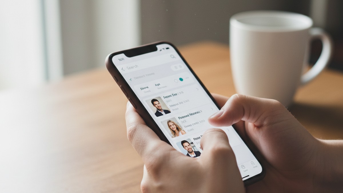 Hands searching for hidden dating profiles on a smartphone