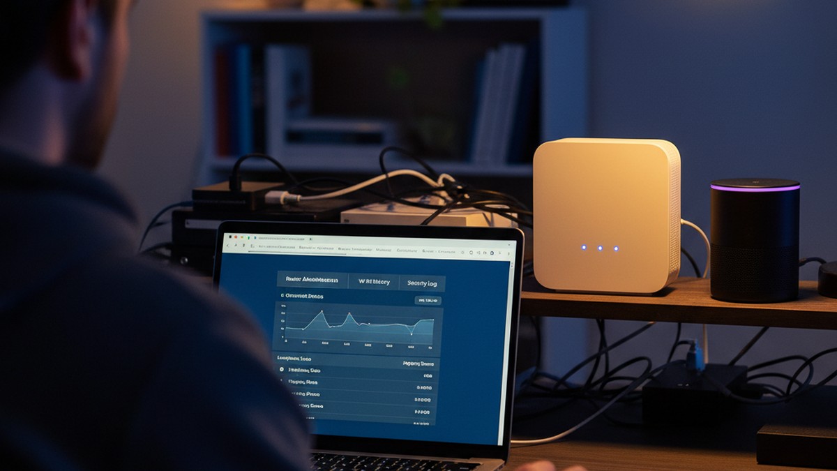 Home router and laptop showing shared digital ecosystem investigation