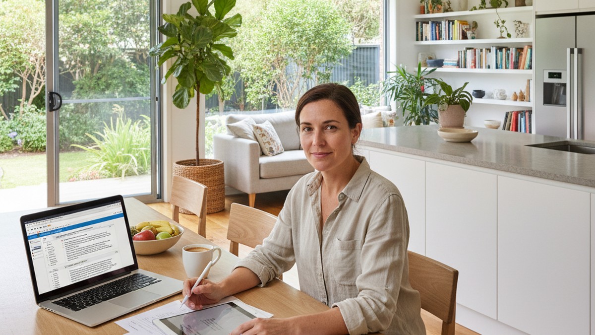 Person reviewing legal documents at a bright Australian kitchen table, researching privacy laws