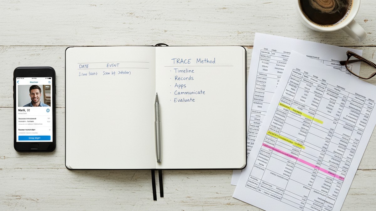 Overhead flat-lay of investigation workspace with notebook, phone showing dating app, and highlighted bank statements