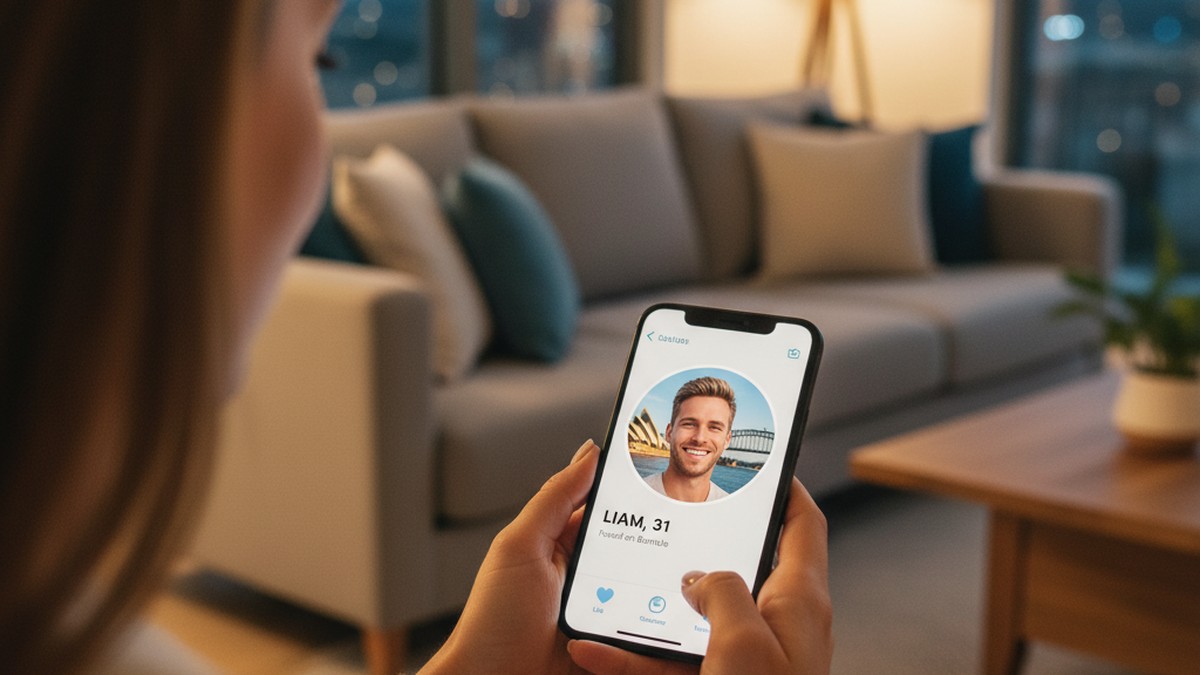 Over-the-shoulder view of person searching for a partner's profile on an Australian dating app