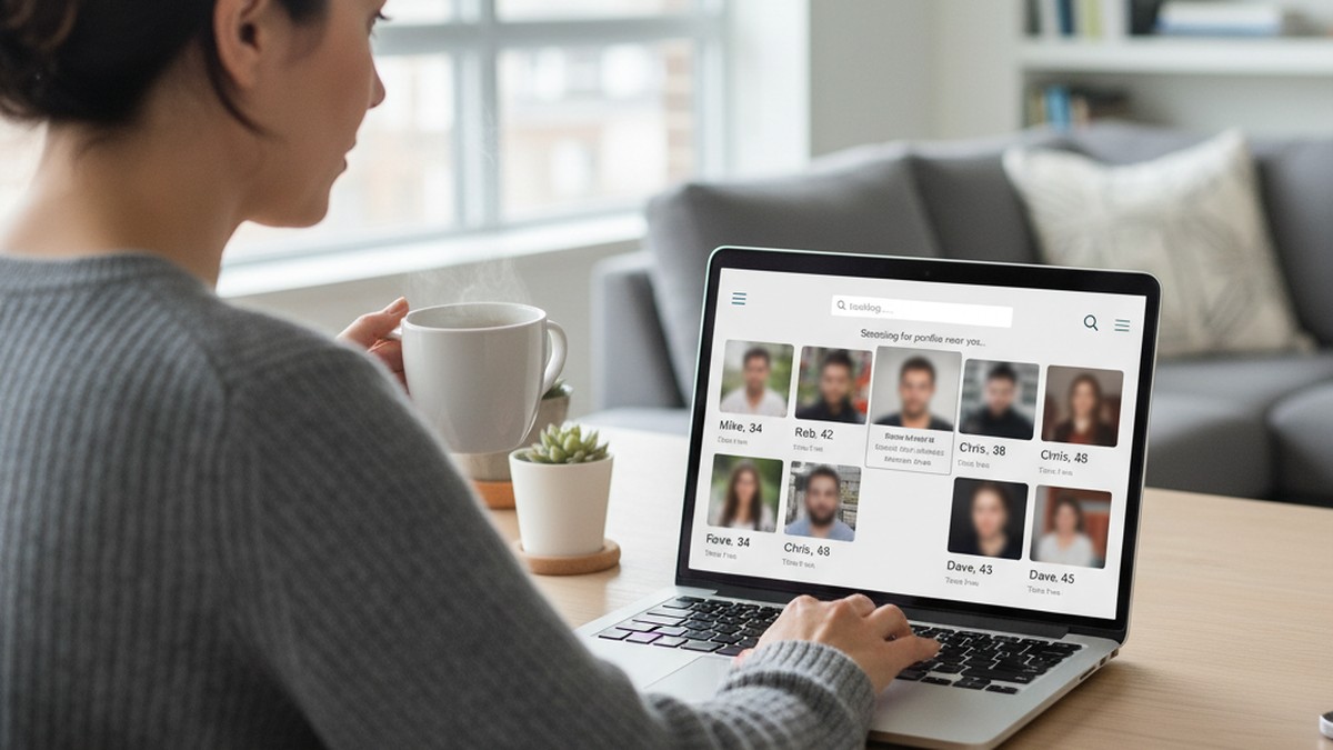 Person reviewing dating app search results on laptop — digital investigation method for catching a cheating partner in Canada