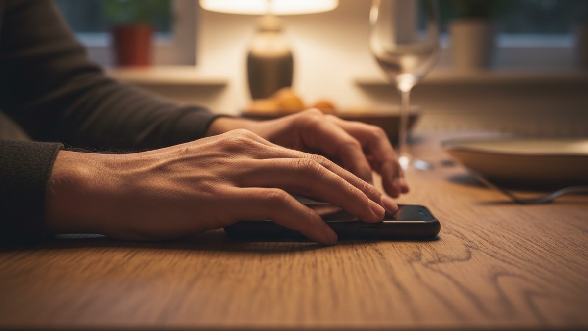 Hands placing phone face-down on table — behavioral sign of phone guarding in a relationship