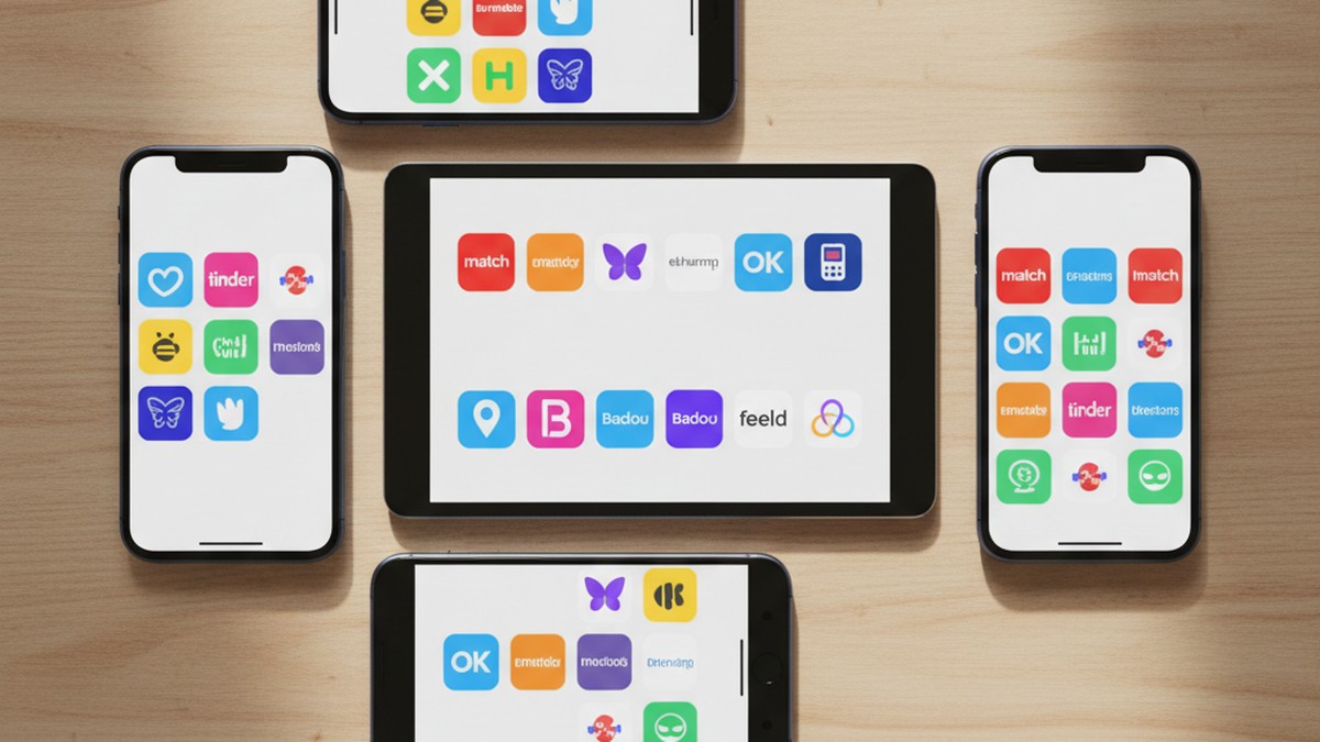 Multiple smartphones showing dating app icons — UK dating platforms used for hidden profiles