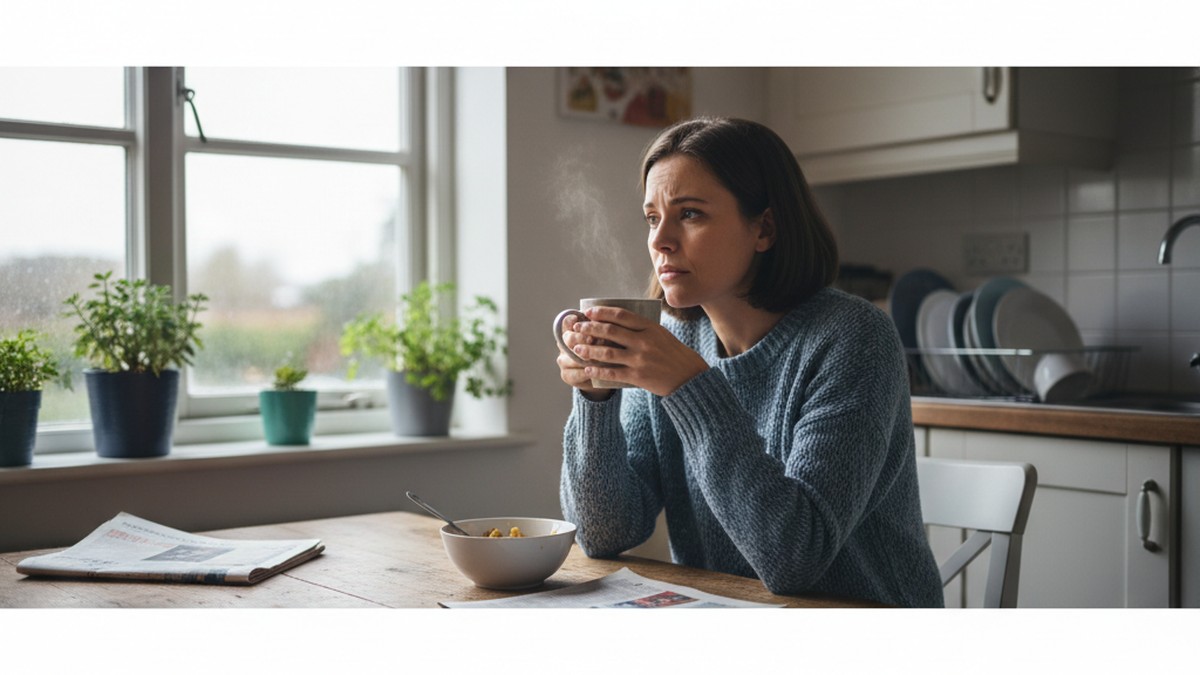 Woman sitting at kitchen table looking concerned, holding a mug of tea, considering her next steps