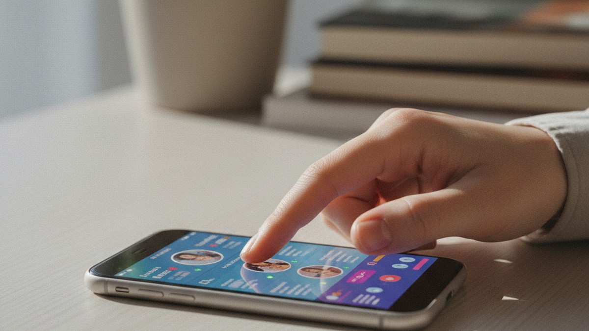 Hand holding smartphone with dating app profile visible on screen