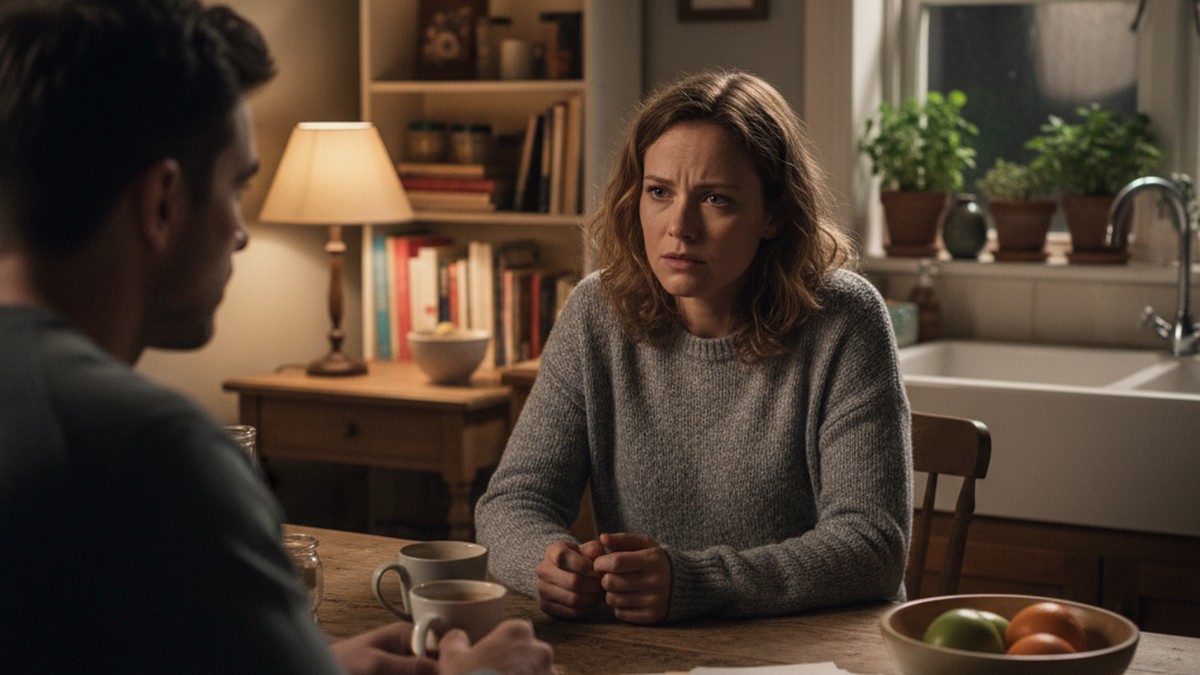 Couple having a tense but controlled conversation at a kitchen table