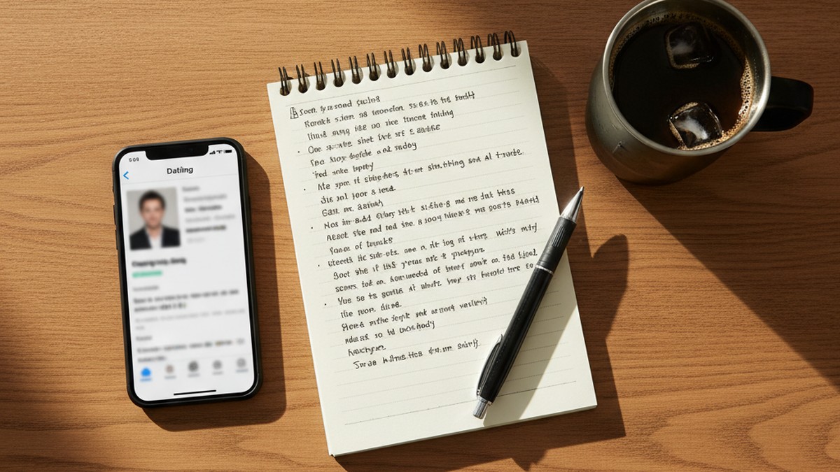 A flat-lay overhead view of a desk with a phone, notes, and coffee — documenting evidence after catching a husband on a dating app
