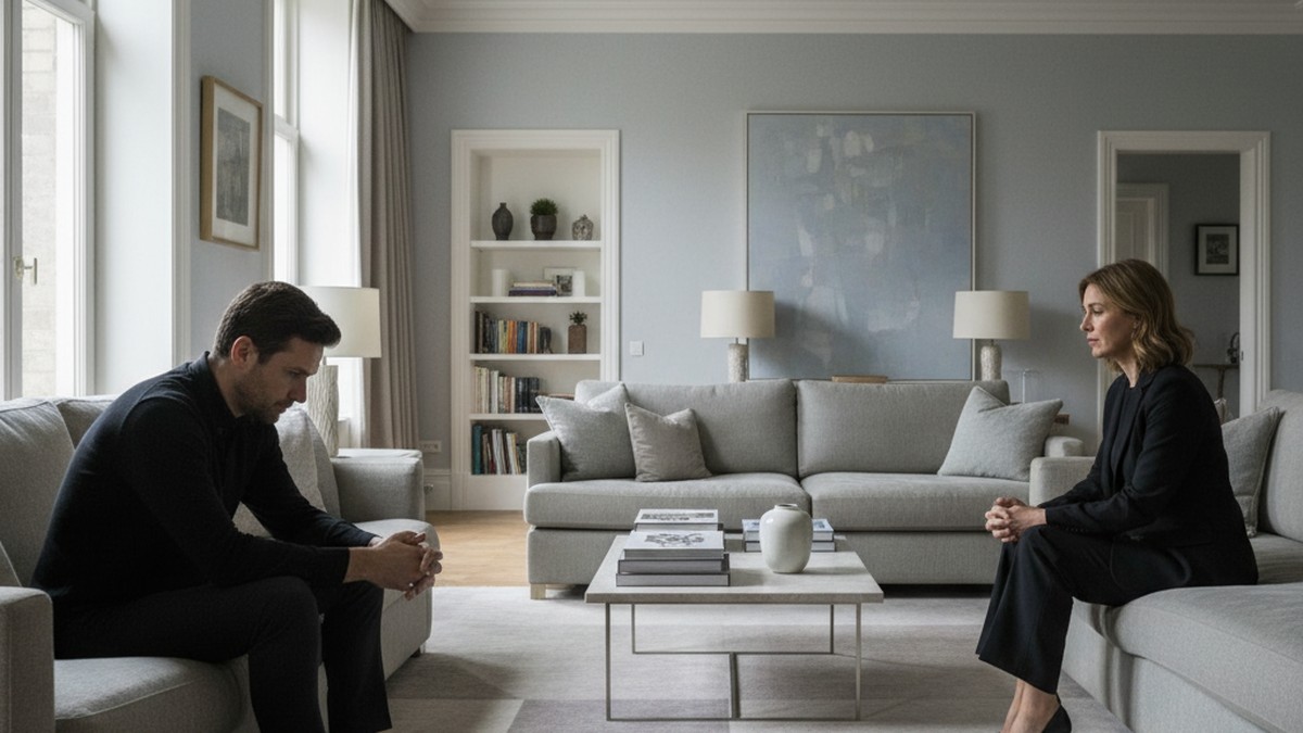 A couple sitting apart on a couch in tense silence after a confrontation about a dating app discovery