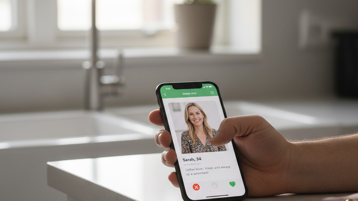 Close-up of hands holding a smartphone with a dating app profile visible on screen