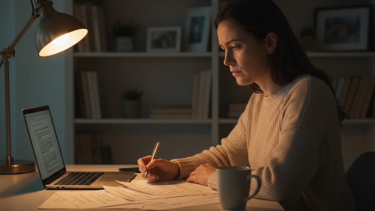 Woman reviewing notes at a desk, preparing to have a difficult conversation with her husband