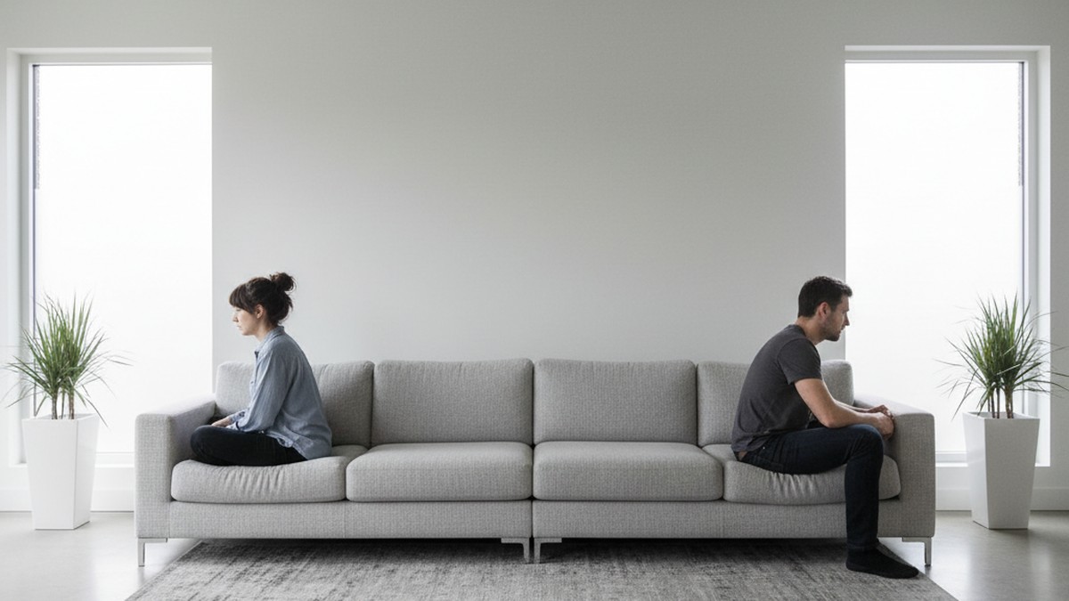 Couple sitting at opposite ends of a sofa, emotional distance visible between them