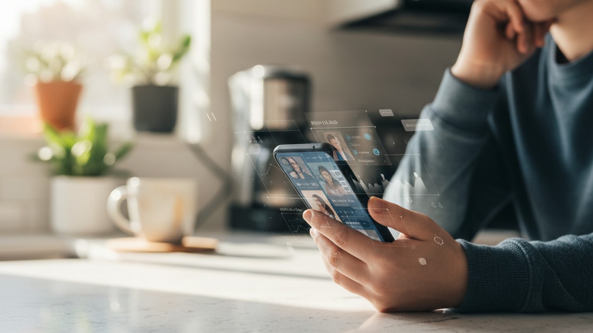 Person checking phone for dating profiles using cheater AI search tools