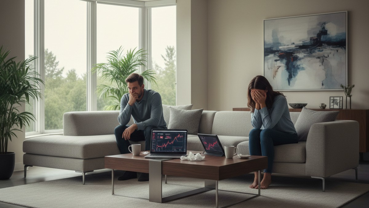 Couple sitting apart on couch considering results from cheater AI scan