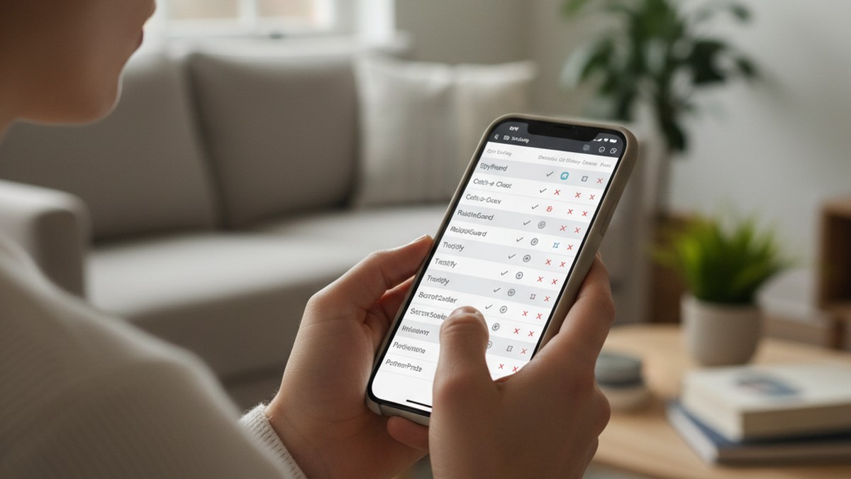 Hands scrolling through a comparison list of cheater finder apps on a smartphone