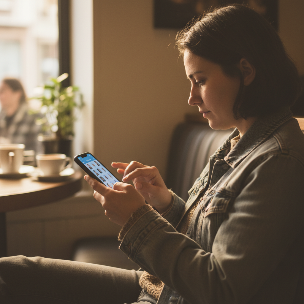 Person searching for dating profiles on a smartphone