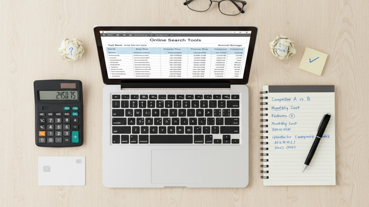 Overhead view of desk with calculator and pricing comparison notes
