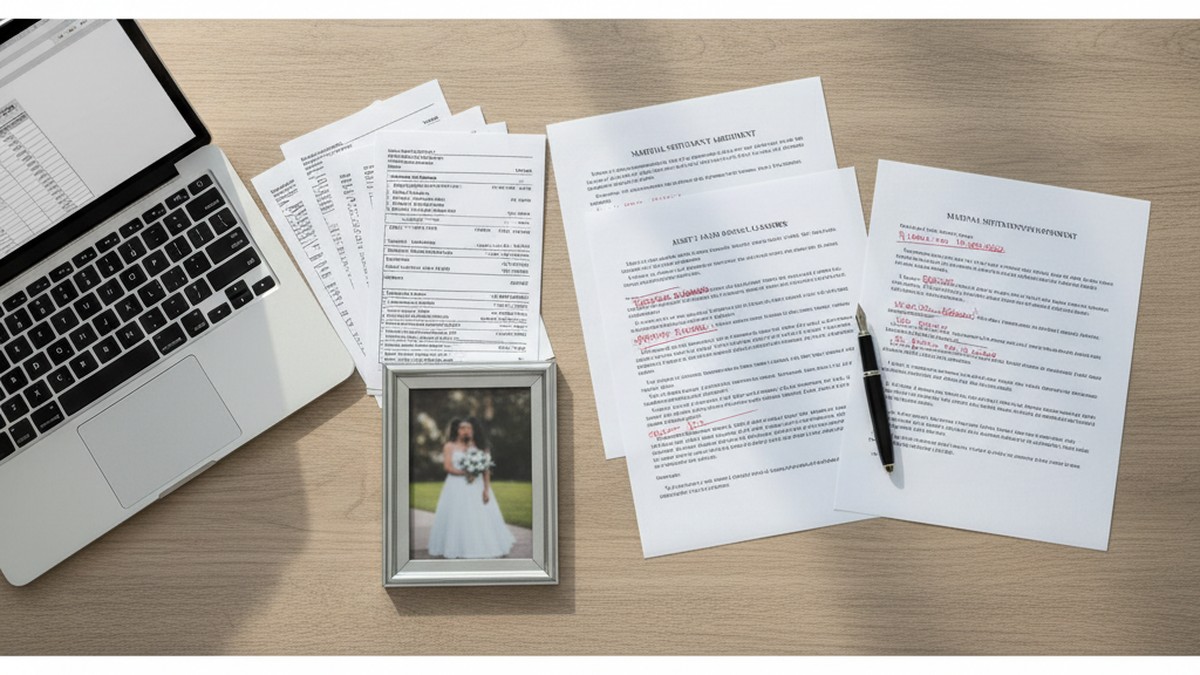 Legal documents and laptop on desk representing asset division in divorce proceedings