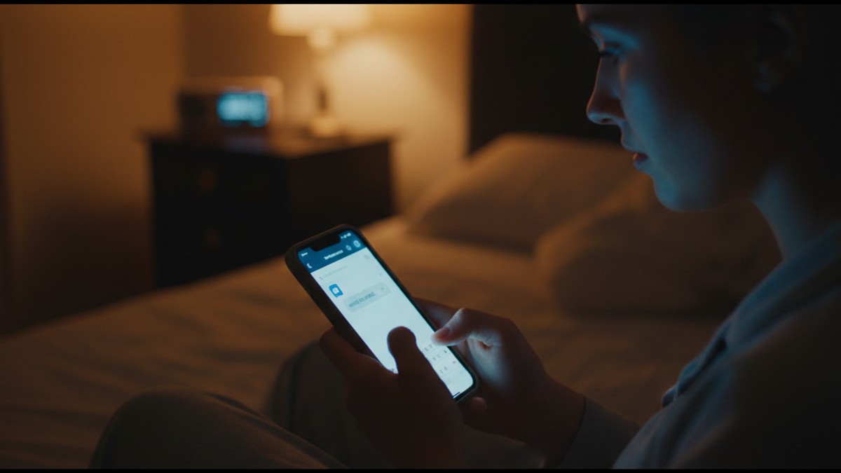 Person typing a private message on a smartphone late at night, phone screen glowing in darkness