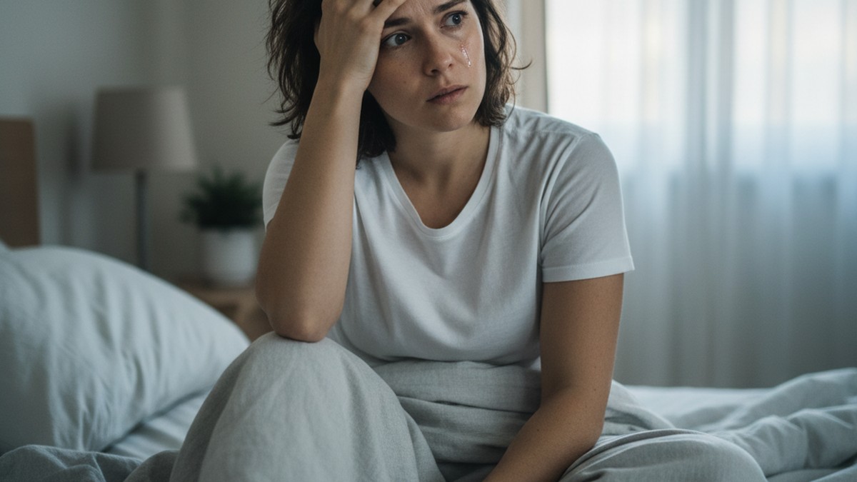 Person waking from a disturbing cheating dream, sitting up in bed looking confused and unsettled