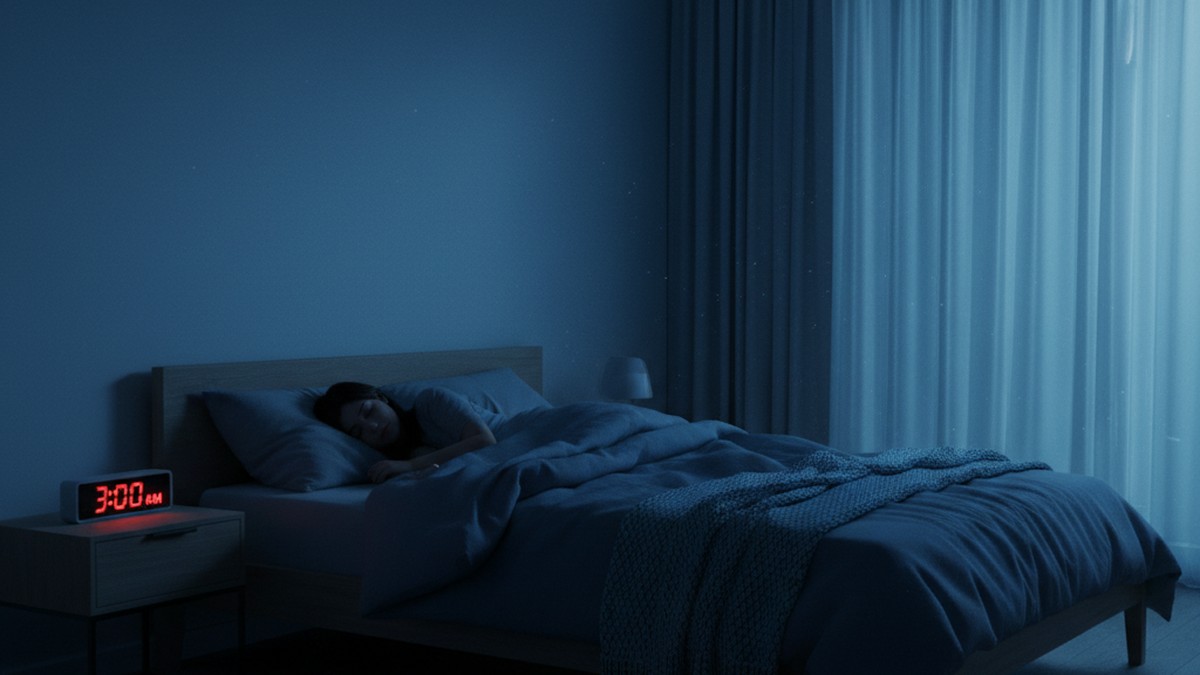 Person sleeping in a dimly lit bedroom at night, representing REM sleep emotional processing