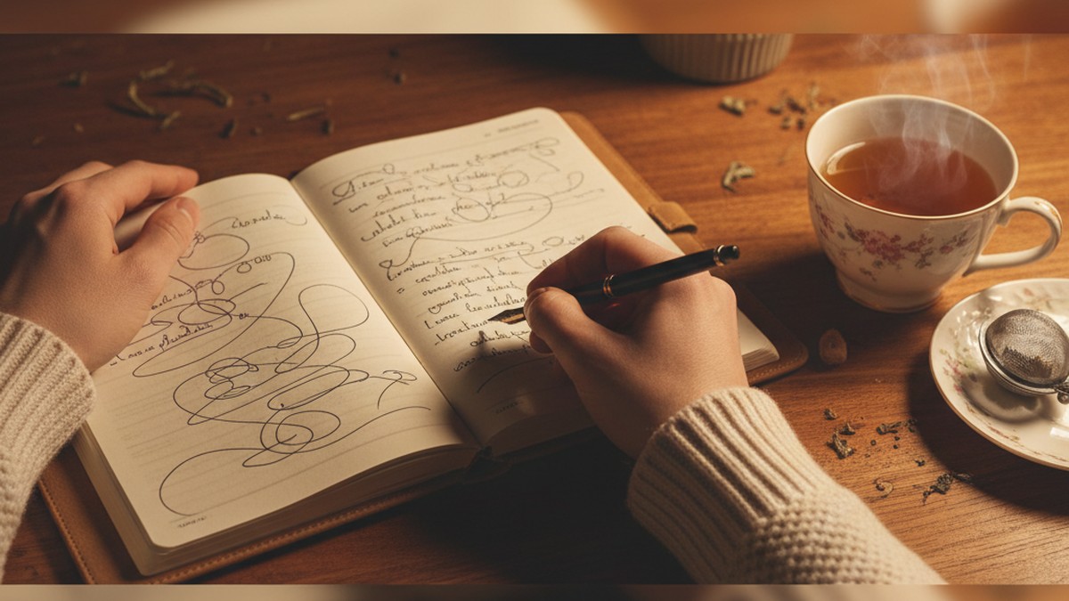 Hands writing in a journal with tea beside it, illustrating the practice of processing cheating dreams through reflection
