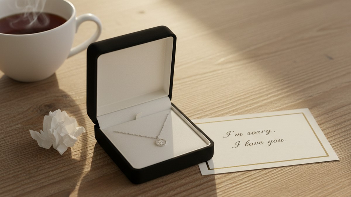 Unexpected gift box on kitchen table representing guilt-driven overcompensation in a relationship