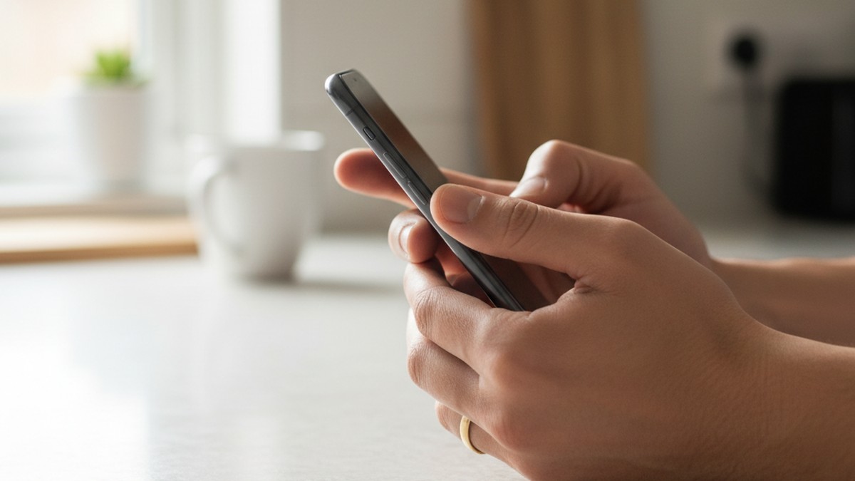 Hands holding smartphone screen angled away, a common cheating guilt sign