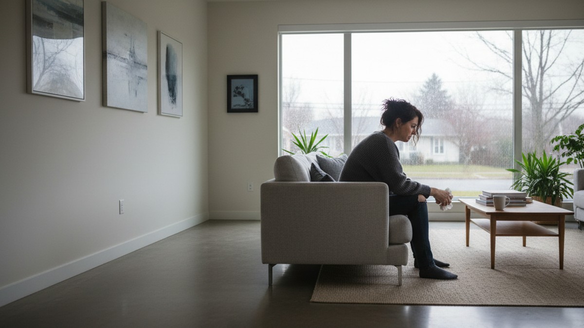 Person sitting alone on couch looking contemplative, representing emotional withdrawal after cheating