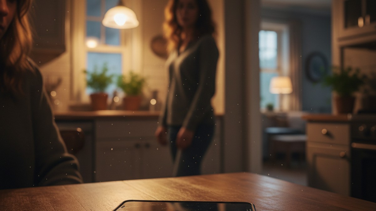 Phone lying face-down on kitchen table while woman watches from doorway, illustrating suspicious phone behavior in a relationship