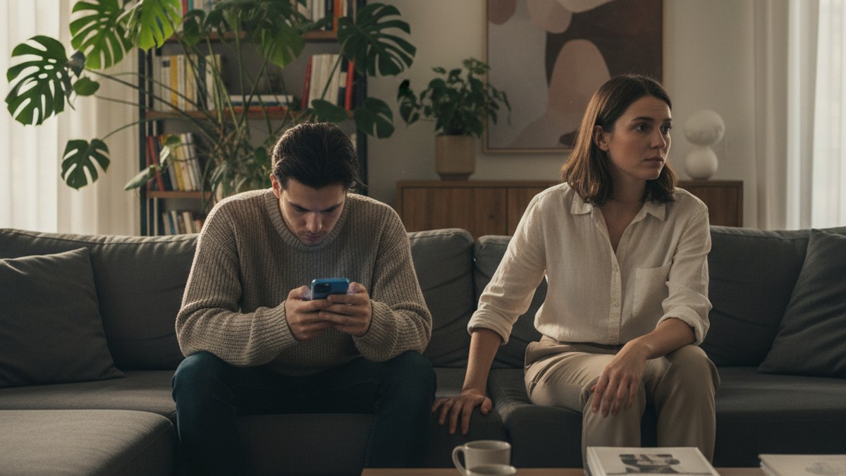 Couple on sofa with emotional distance, one absorbed in phone while partner looks concerned