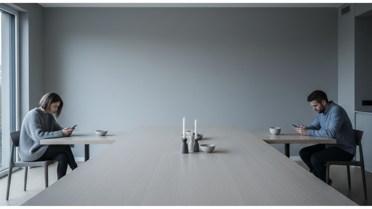 Couple sitting apart at dining table on their phones, illustrating emotional distance in long-term relationships