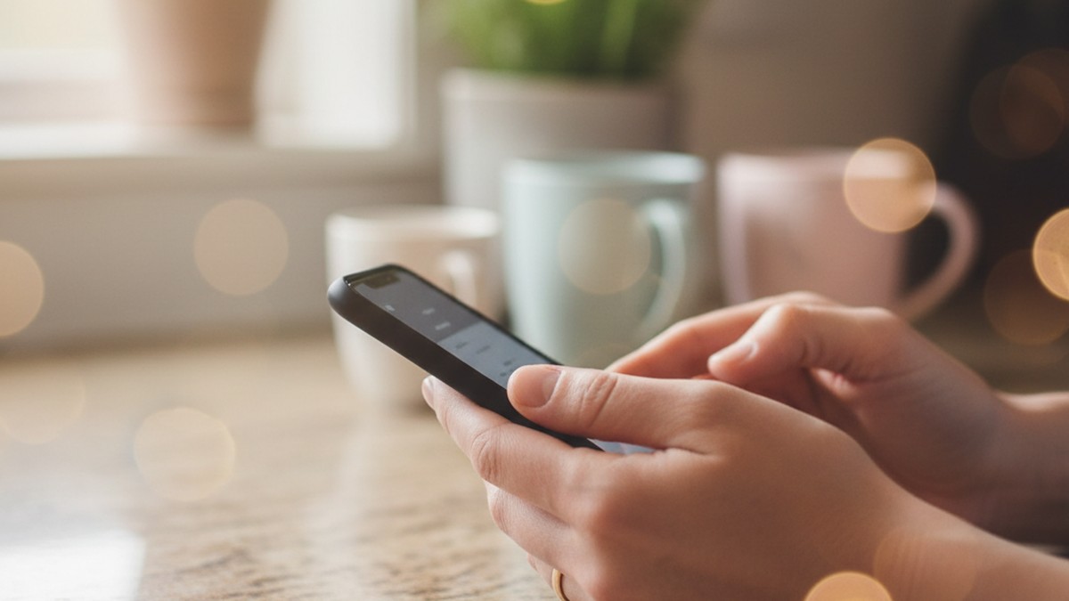 Hands holding a smartphone with wedding ring visible, representing suspicion of long-term partner infidelity