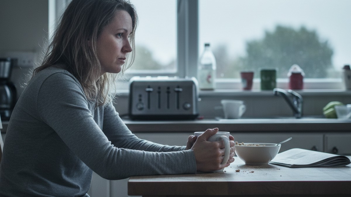 Person alone at kitchen table, hands around untouched mug — the emotional flooding phase of betrayal trauma